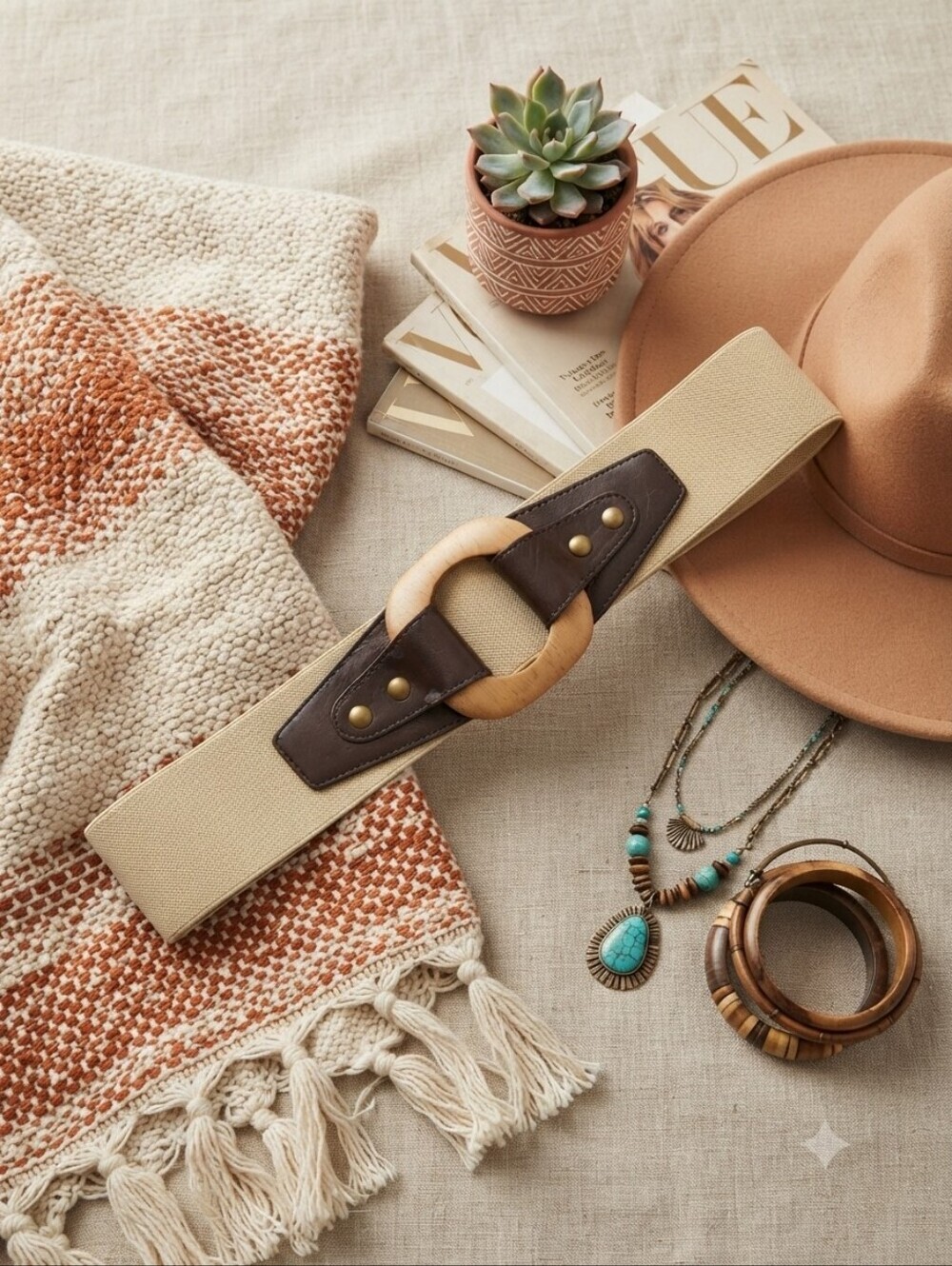 Elastic Statment Belt With Wooden Buckle